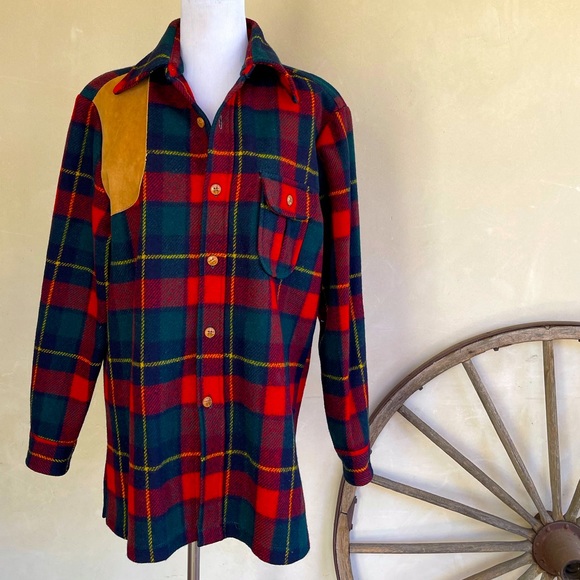 LOBO by PENDLETON Virgin Wool Red Tartan Plaid Suede Shooter Patch Men’s M USA!! - Picture 1 of 13